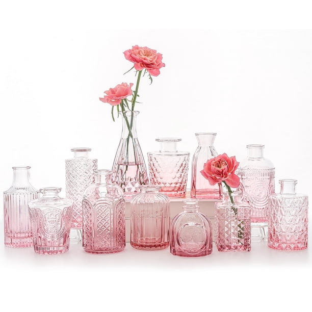 SUPMIND Juego de 12 floreros de cristal pequeños floreros para centros de mesa, floreros rosas a granel, mini florero vintage para decoraciones rústicas de boda