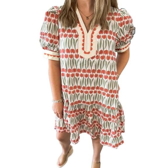 Women's White Tulip Floral Print Cotton Mini Dress – Perfect for Summer Vacations, XL