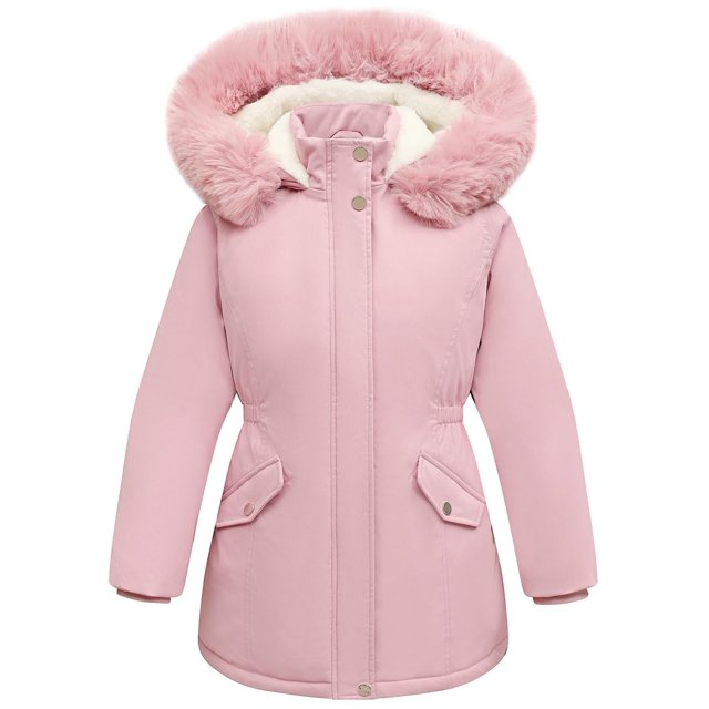 chaqueta acolchada coat cicvsoc para niña, impermeable, de invierno, para niños rosa: vista frontal centrada de parka larga con capucha forrada y ribete de peluche, cremallera oculta con botones en el cuello, cintura baja para menos volumen, bolsillos con solapa y broche, puños elásticos y forro suave; ideal para uso diario escolar.