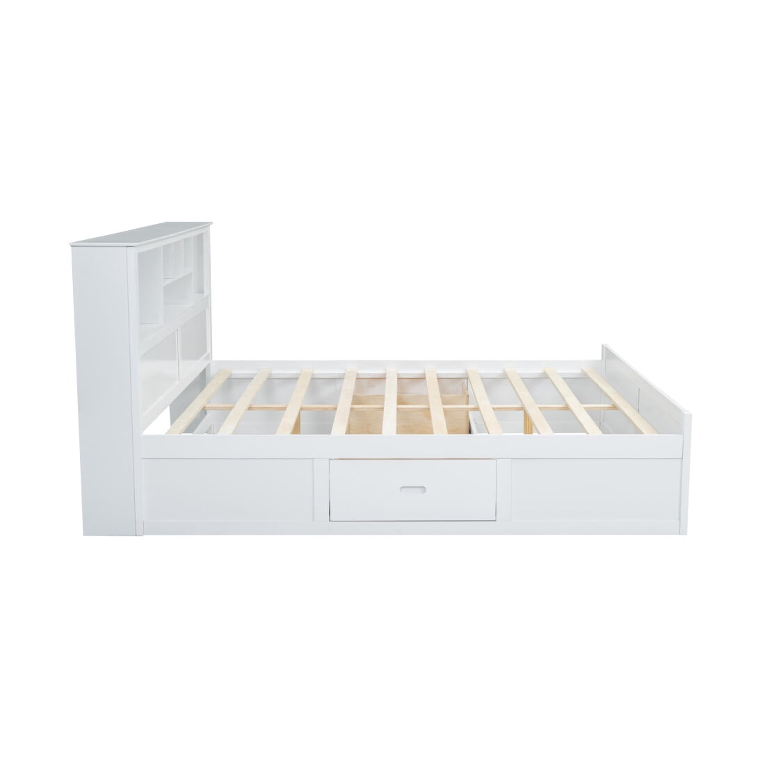 King Size Bed Frame with Storage Headboard, Wooden Platform Bed with USB Charging Station and Drawers, No Box Spring Needed, White