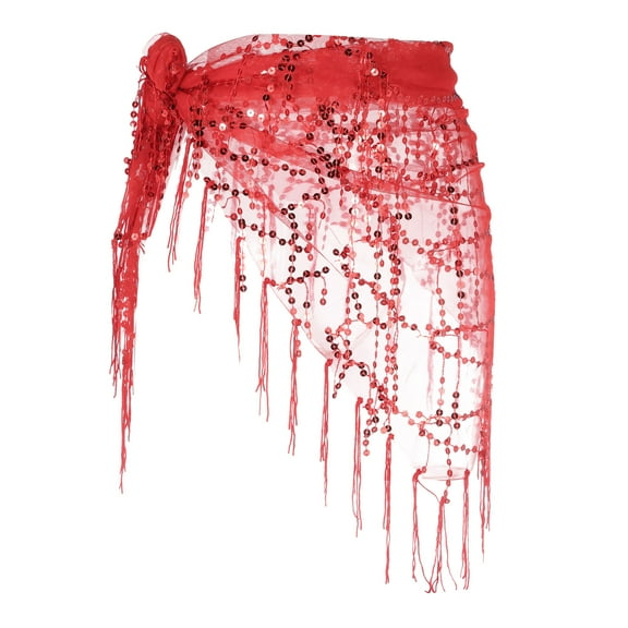 Uxcell Women's Belly Dance Hip Scarf with Sequins Triangle Wrap Skirts Waist Chain for Music Festival Party Costume Red