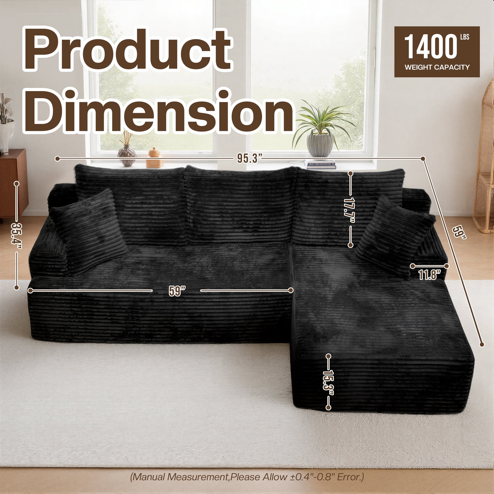 Kelyda 96" Modular L-Shaped Cloud Sofa, Plush Boneless Sectional with Deep Seats Chaise Corduroy Fabric, Black