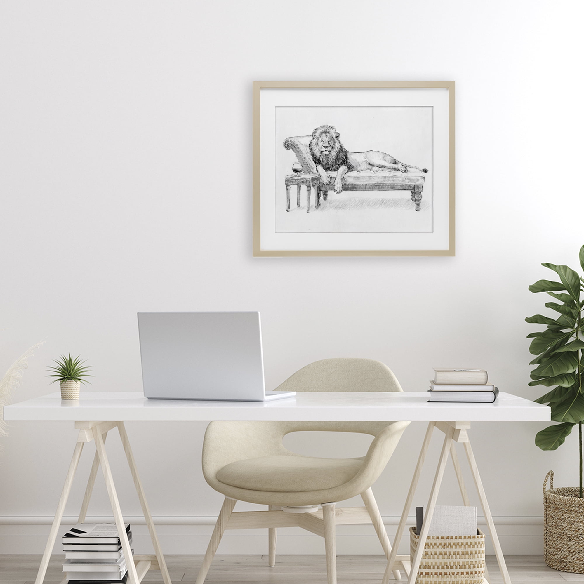 Stupell Industries Lounging Beast Lion Birch Framed Print Under Glass, design by Victoria Barnes