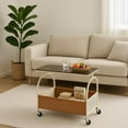 thumbnail image 2 of 2-Tier Rolling Side Table with Glass Top Storage Basket Mobile End Table for Living Room Bedroom Kitchen Balcony Brown White, 2 of 8