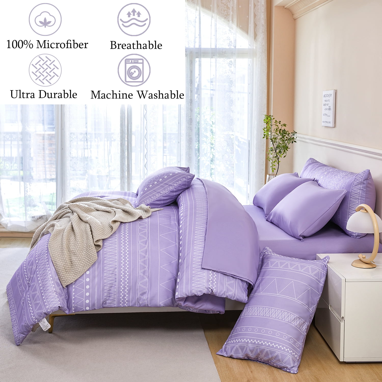 RYNGHIPY 8-Pieces Boho Bedding Set Full Lavender Striped Bed in a Bag for Girls Women Soft Fluffy Purple Comforter Set with Sheet for All Season, Full