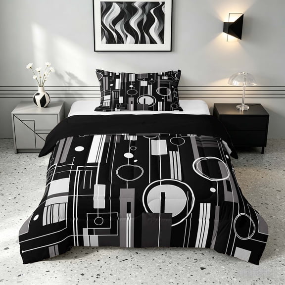 Manfei Contemporary Abstract Twin Comforter Sets, Geometric Circle Rectangle Bedding Set, Gray and Black, Black Reversible 2pcs, 1 Comforter and 1 Pillowcase