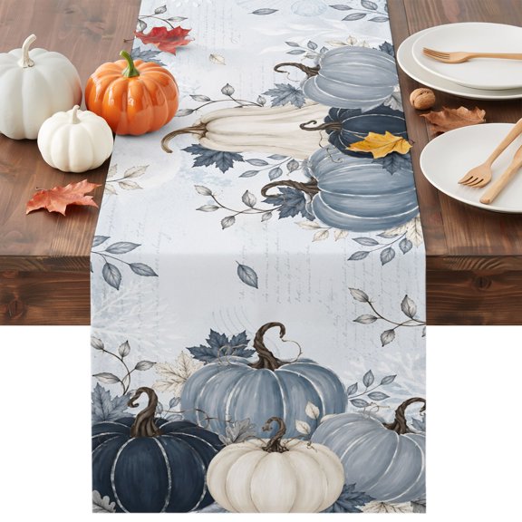 Navy Blue Pumpkin Fall Table Runner - 48 Inch Long Thanksgiving Ombre Maple Leaf Harvest Cotton and Linen Blended Dress Scarves Farmhouse Table Runner for Kitchen Dining, Coffee Table, 13" x 48"