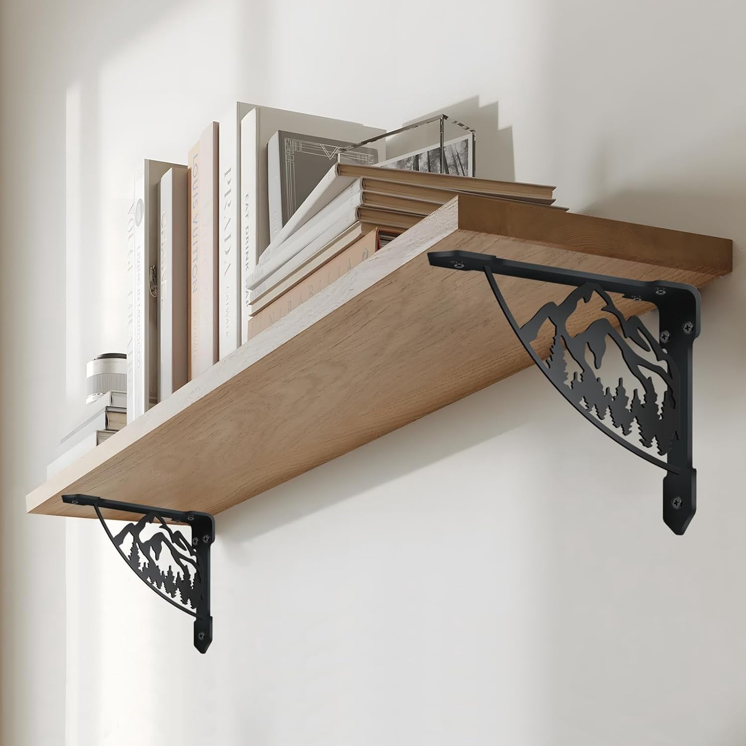 2 Pack Mountain DIY forests Shelf Brackets 300LB Heavy Duty Decorative Shelves Bracket Black Iron Corner Brackets DIY for Bookshelf Mailbox Mantel Corbels Metal Brace DIY for Kitchen 8.3x6.8in