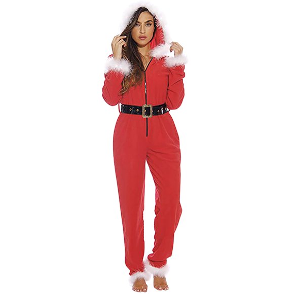 Women Mrs. Claus Zipster Fancy Christmas Outfits Hooded Jumpsuit Pajamas Santa Rompers Holiday Pjs with Belt