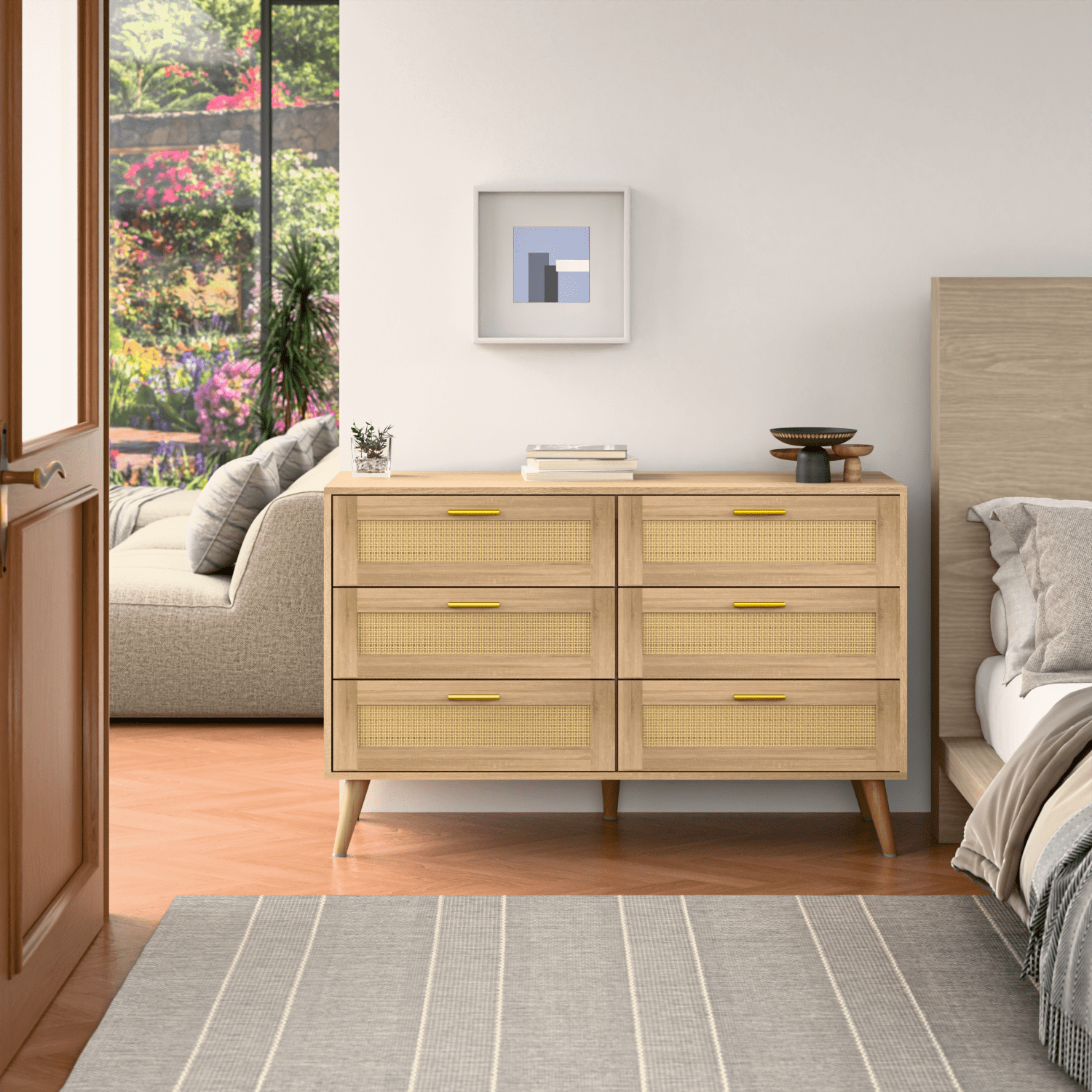 Waleaf 6 Drawer Dresser for Bedroom,Rattan Modern Closet Dressers Chest of Drawers,Beside Table for Entryway, Living Room, Hallway, Bedroom