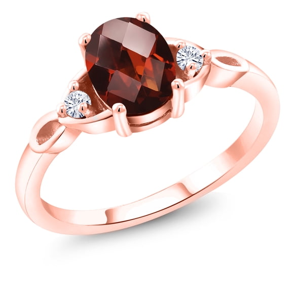 Gem Stone King 18K Rose Gold Plated Silver Red Garnet and White Moissanite 3-Stone Rings for Women (1.61 Cttw, Gemstone January Birthstone, Oval Checkerboard 8X6MM, Available in Size 5, 6, 7, 8, 9)
