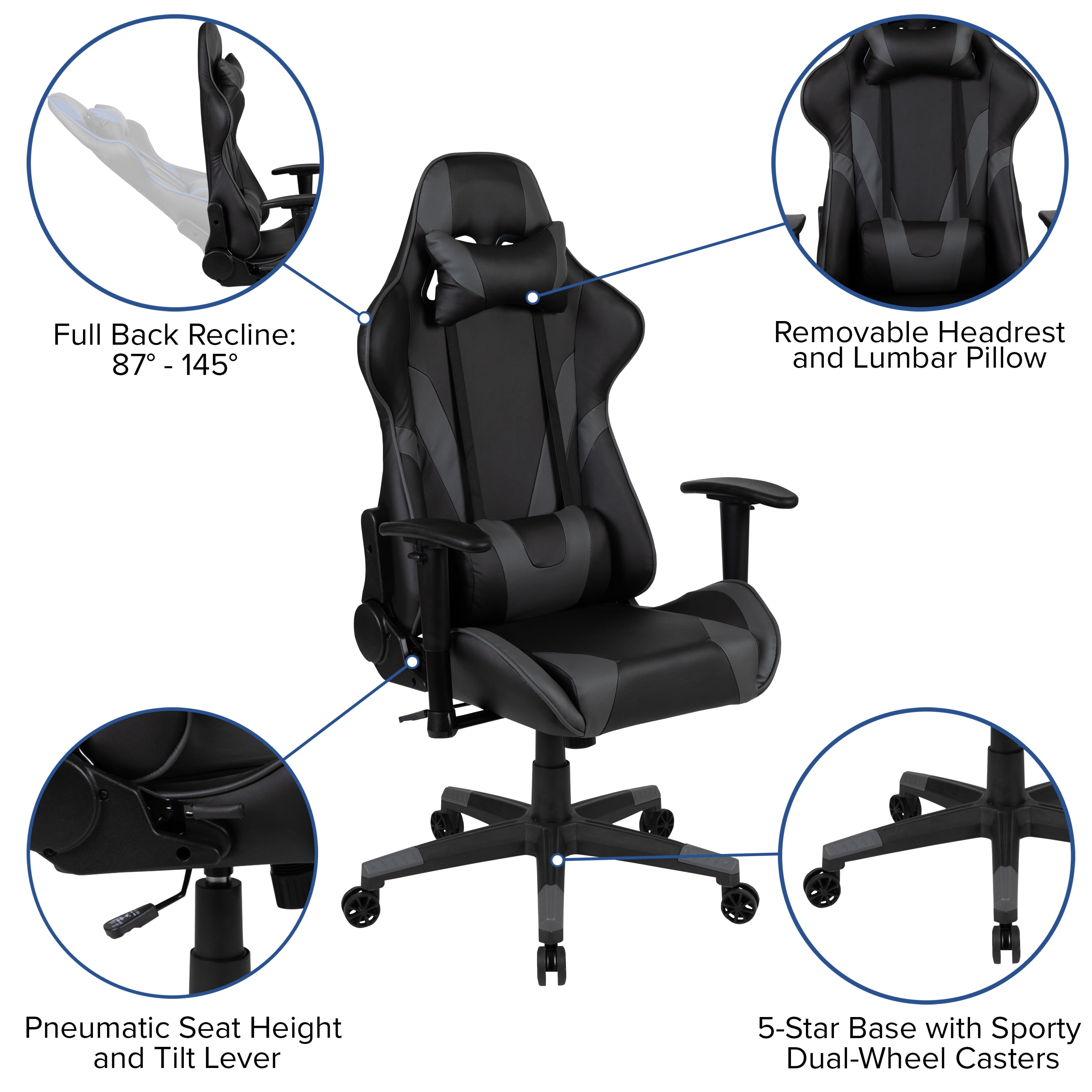 Emma + Oliver Fully Reclining Racing Gaming Ergonomic Chair, Gray LeatherSoft