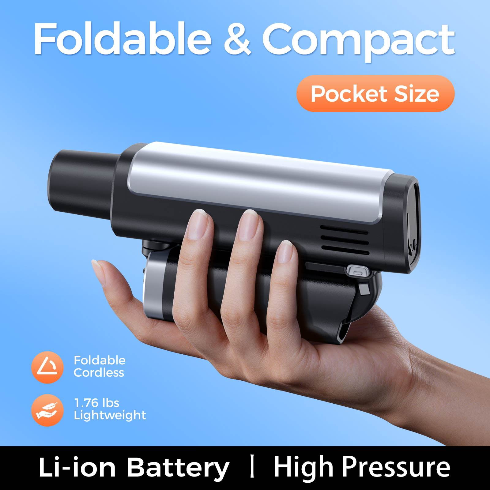 Foldable Cordless Pressure Washer, Portable Battery Power Washer with 5-in-1 Nozzle, 3 Power Levels & LCD Display, USB-C & Car DC Charging, Handheld Pressure Washer for Car, Bike, Patio & Camping