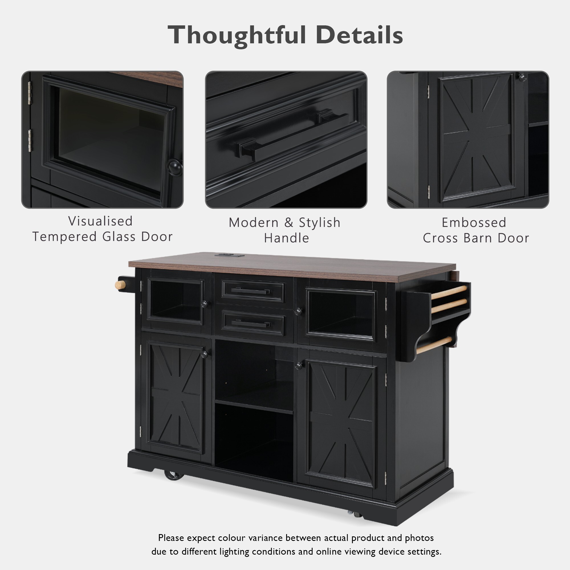 AENKYO 54.9'' Farmhouse Kitchen Island Cart with Drop Leaf, Charging Station, Adjustable Shelves, and Lockable Wheels, Black