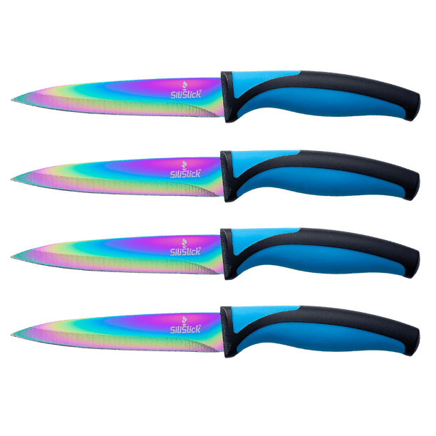 SiliSlick Juego de Cuchillos para Carne - Cuchillos de Acero Inoxidable con Revestimiento de Titanio Iridiscente/arcoíris - 5 Pulgadas / 12,7 Cm - (4 Azules)