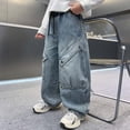 thumbnail image 7 of YMNXA Children Kids Boys Denim Pants Elastic Waist Wide Leg Straight Fit Comfortable Loose Fit Cargo Jeans Trousers With Pockets For Daily Wear,Blue,6-7 Years, 7 of 7