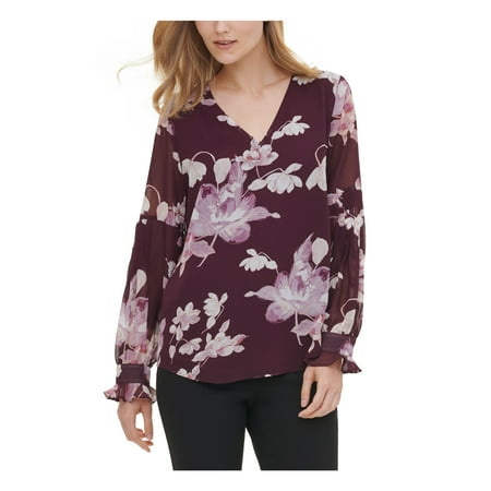 CALVIN KLEIN Womens Purple Floral V Neck Blouse Top Size XS