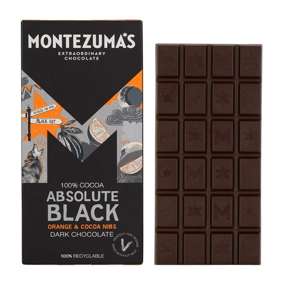 Montezuma's Absolute Black Dark Chocolate with Orange & Cocoa Nibs 90g Bar (Pack of 6)