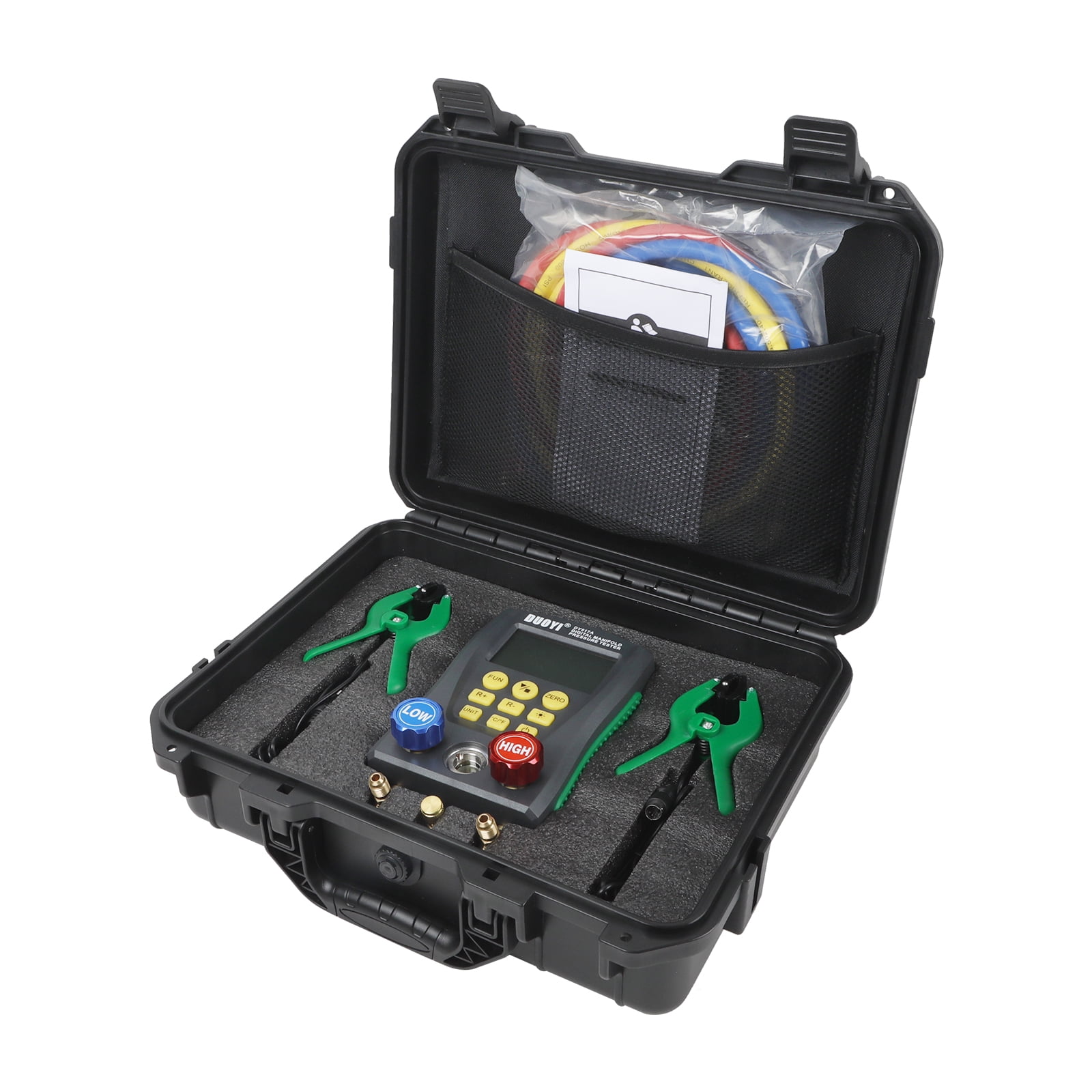 Duoyi HVAC Digital Manifold Gauge Set 89 Refrigerants Pressure Leak Vacuum Test Temp Clamps Hoses 0-6000 kPa Plastic