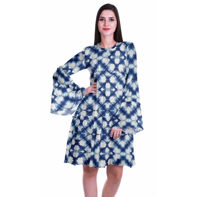 Moomaya Robe d'Été Fluide à Manches Longues Imprimée pour Femmes, Longueur Genou, Évasée