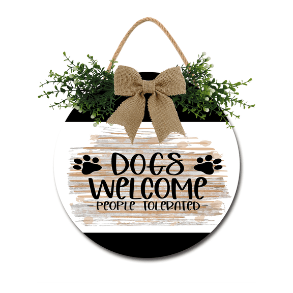 Front Door Porch Decorations Dogs Welcome People Tolerated Door Hanging Sign 11 inch Wooden Wall Sign, Rustic Holiday Wreath Decor for Front Door Porch Home Window Wall Farmhouse Decorations