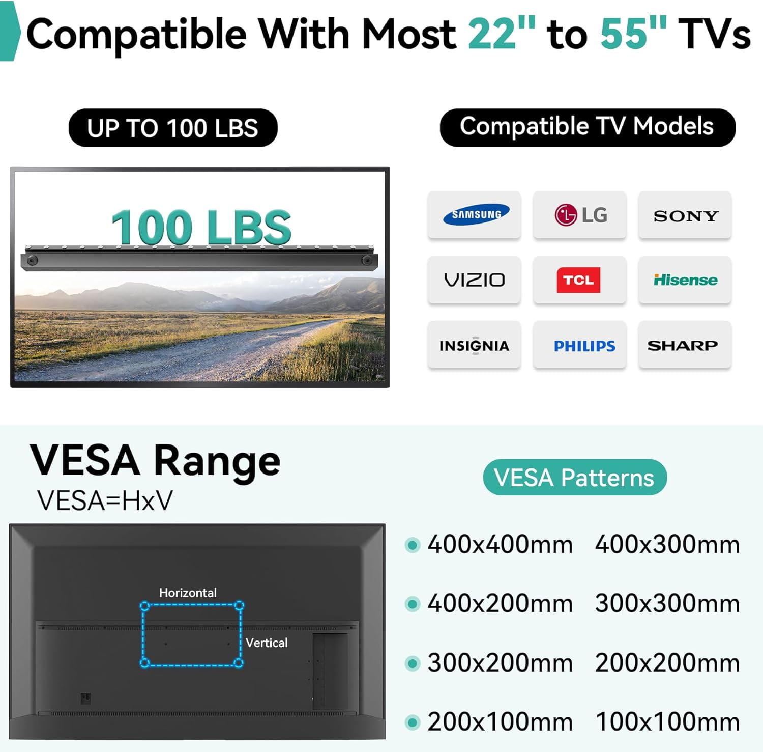 No Drill TV Wall Mount for 22 to 55 inch TVs, Drywall Smart Bracket Tilts Up 5°, Low Profile TVs up 100 Lbs, Fast Install Bedroom, Living Room, Include All Hardware kit