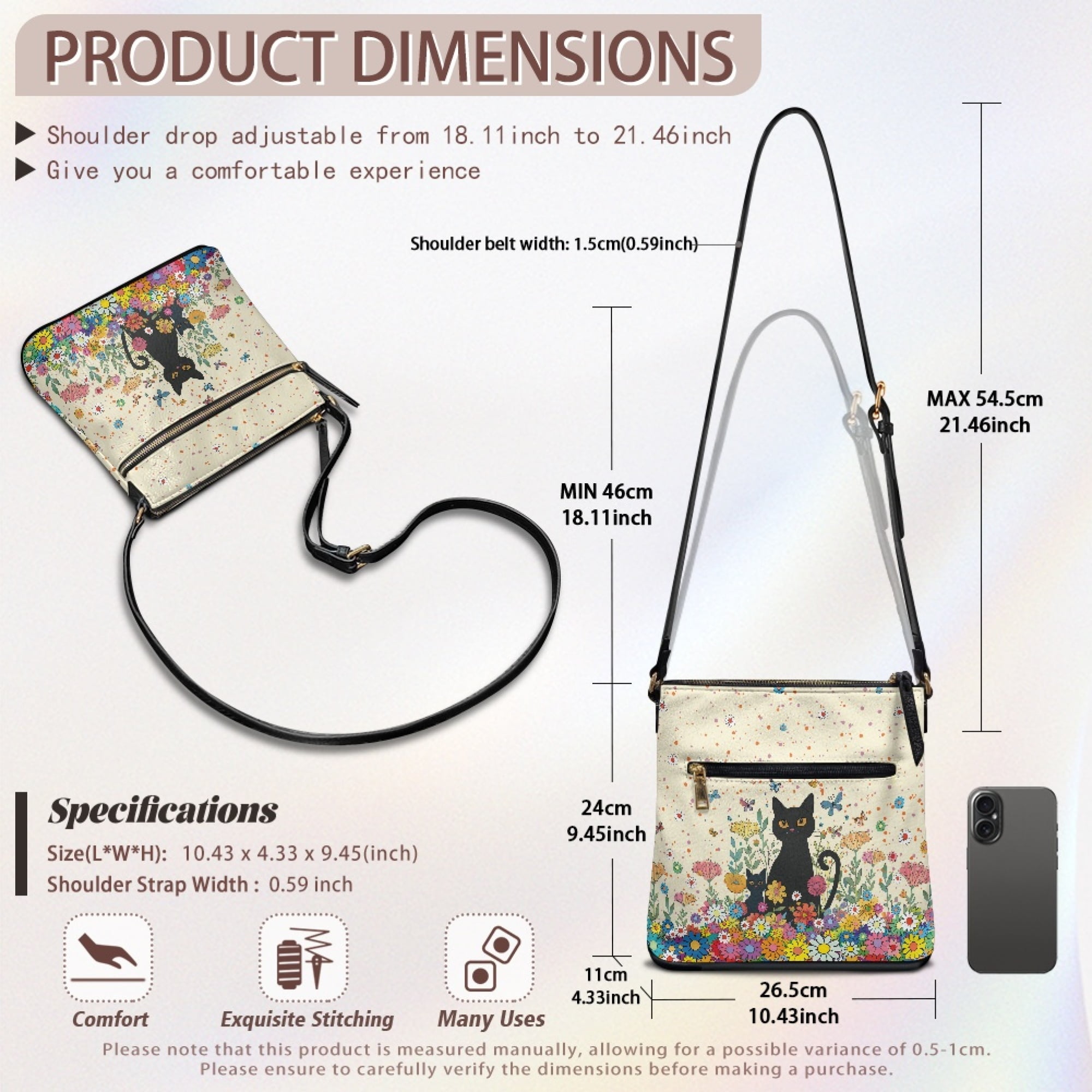 Kuiaobaty Black Cat Print Crossbody Bag for Women, Daisy Butterfly Print Vegan Leather Messenger Purse with Adjustable Strap, Large Capacity Shoulder Handbag Crossbody for Travel