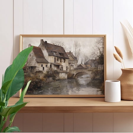 Old Town River Landscape Wall Art, Rustic Village Cottagecore Decor, Unframed Paper Print Size 8x12