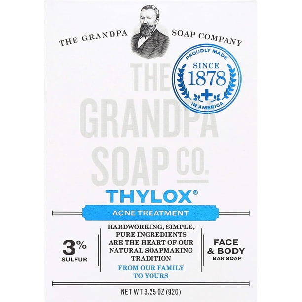 The Grandpa Soap Company Thylox Bar Soap Jabón vegano limpio para rostro y cuerpo | Jabón para el tratamiento del acné con 3% de azufre | Jabón en barra sin parabenos | Unisexo | 3,25 onzas.