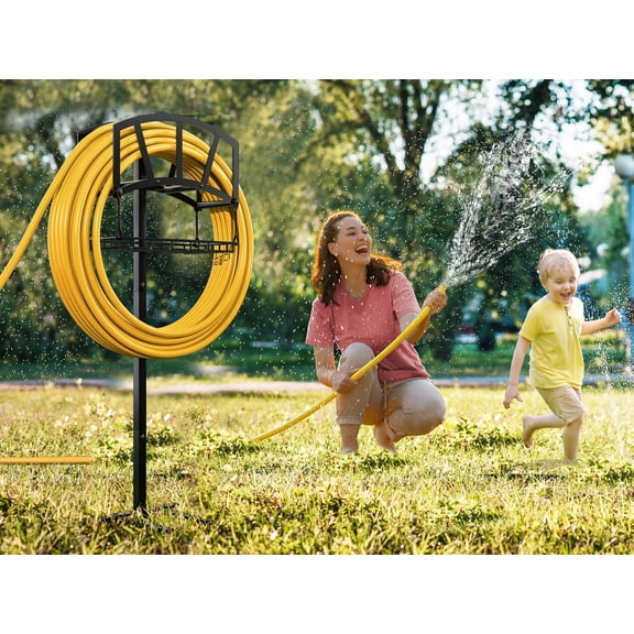 Fire Beauty Freestanding & In-Ground Hose Holder – Heavy Duty Outdoor Hose Organizer with Storage Basket – Detachable Rack for Lawn, Garden & Yard (Black)​