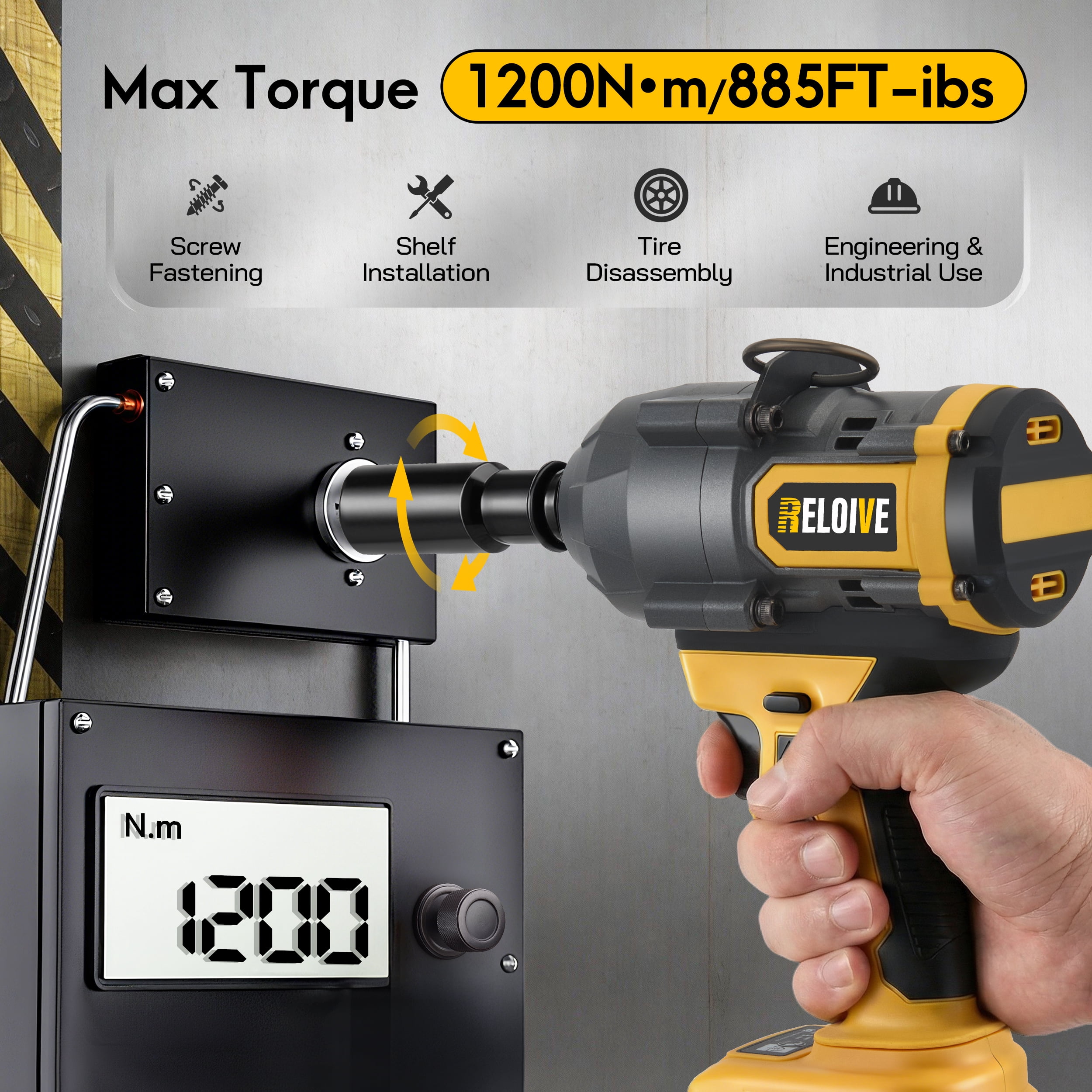 RELOIVE Cordless Impact Wrench Kit,885 FT-lbs(1200N.m) Max Torque,1/2" Heavy-Duty Brushless Motor,4-IN-1 Electric Impact Driver,2 x 4.0Ah Batteries for Car Home Repair
