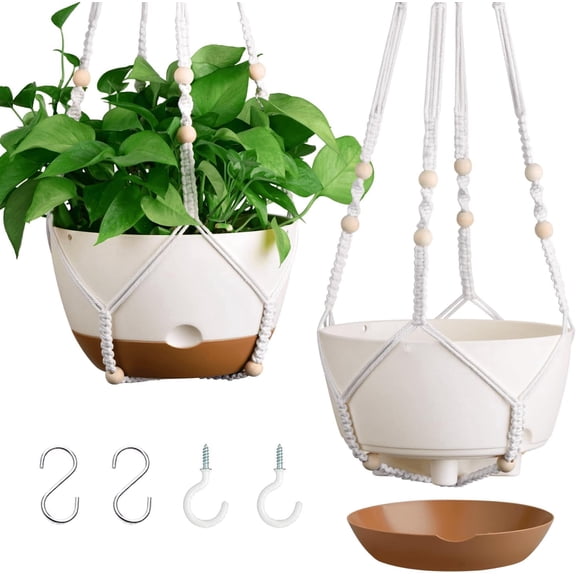 Diigabo 2-Pack 8-inch Self-Watering Hanging Planters with Macrame Hanger Indoor Plastic Plant Pots with Drainage Hole&Saucers Flower Baskets for Outdoor Garden Home Ceiling Decor(White)