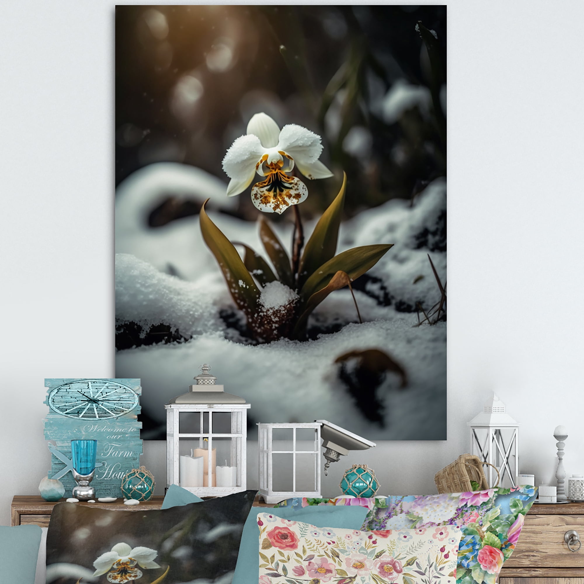 Designart A Blooming White Orchid Flower In Winter II Canvas Wall Art