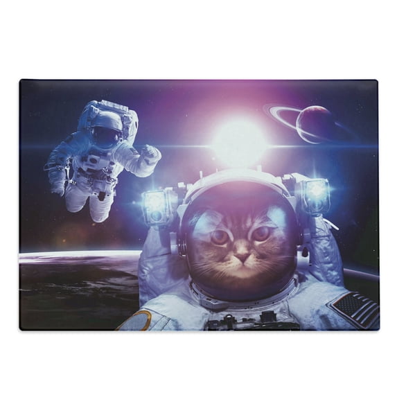Space Cat Cutting Board, Astronauts in Nebula Galaxy with Eclipse in Saturn Planets Image, Decorative Tempered Glass Cutting and Serving Board, Large Size, Dark Blue Purple, by Ambesonne