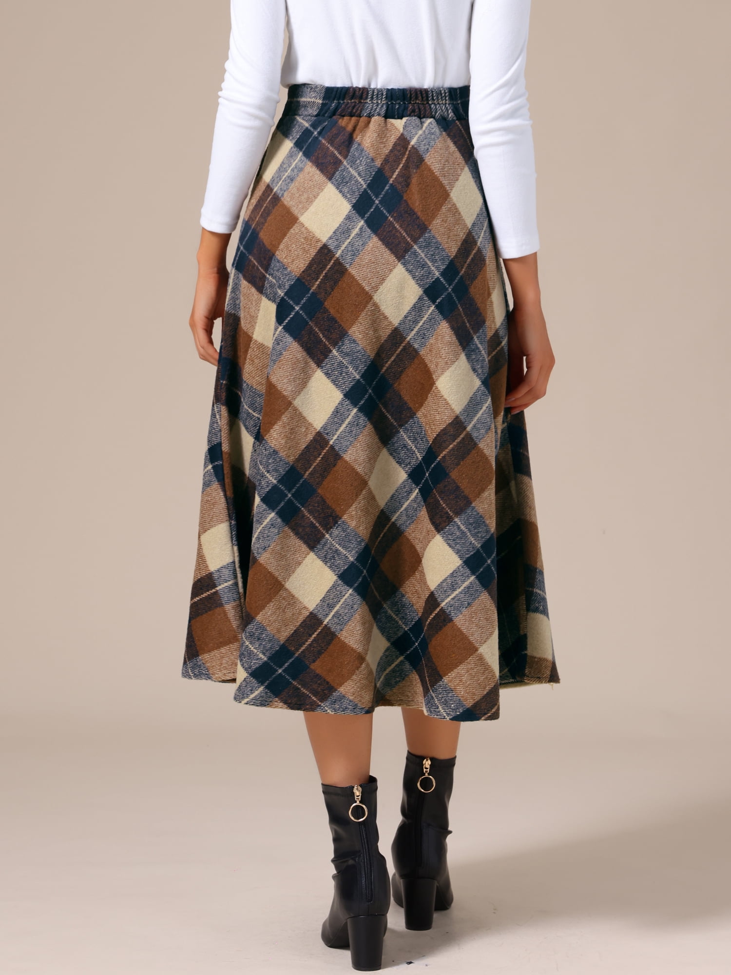 DARING DIVA Women's Vintage Plaid A-Line Work Long Maxi Skirt Large Khaki