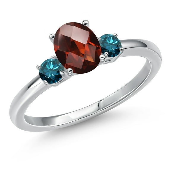 Gem Stone King 14K White Gold Red Garnet and Blue Diamond Engagement Ring for Women | 1.20 Cttw | Oval Checkerboard 7X5MM | Gemstone January Birthstone | Size 8