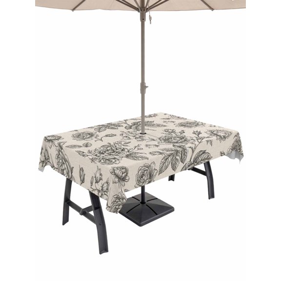 Outdoor Tablecloth with Umbrella Hole for Patio/Picnic/Party/Camping, Black Rose Waterproof Table Cloth Rectangle Table Cover Washable, Farmhouse Vintage Botanical Floral Burlap (60"x 84")
