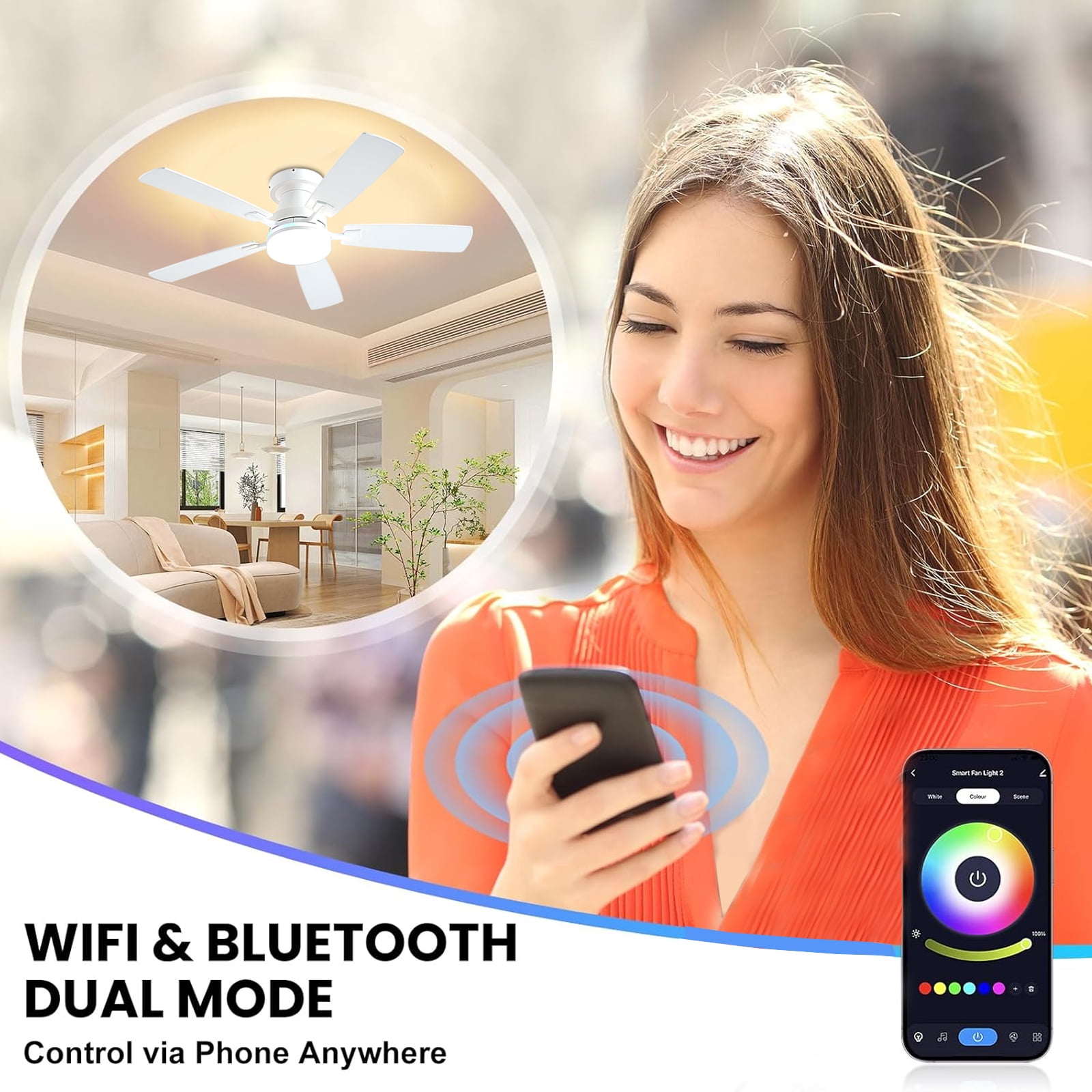 Ayaoty Ceiling Fans with Lights, 48 inch Low Profile Ceiling Fan with Light and Remote Control, Flush Mount RGB Dimmable Light, Noiseless, White Ceiling Fan for Bedroom Indoor/Outdoor Use