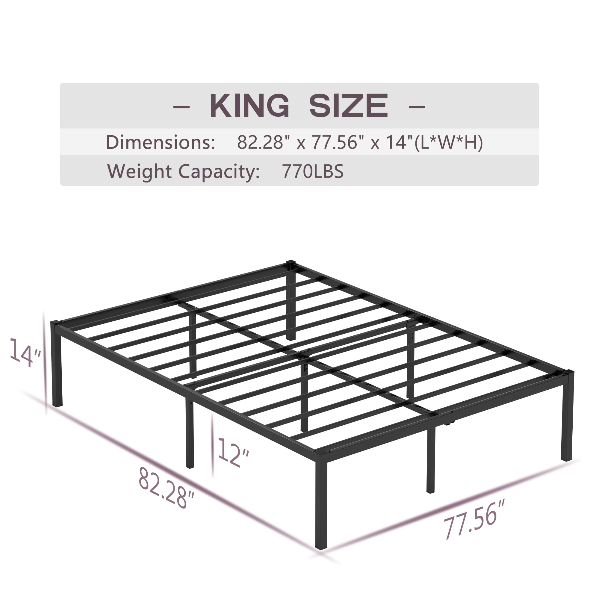 Yoneston 14" King Size Heavy Duty Metal Platform Bed Frame with Storage No Box Spring Black