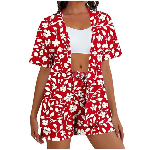 2 Piece Sets for Women Summer,Women's 2 Piece Outfits Floral Print Summer Short Sleeve Thin Coat Tops Short Pant Set Outfits