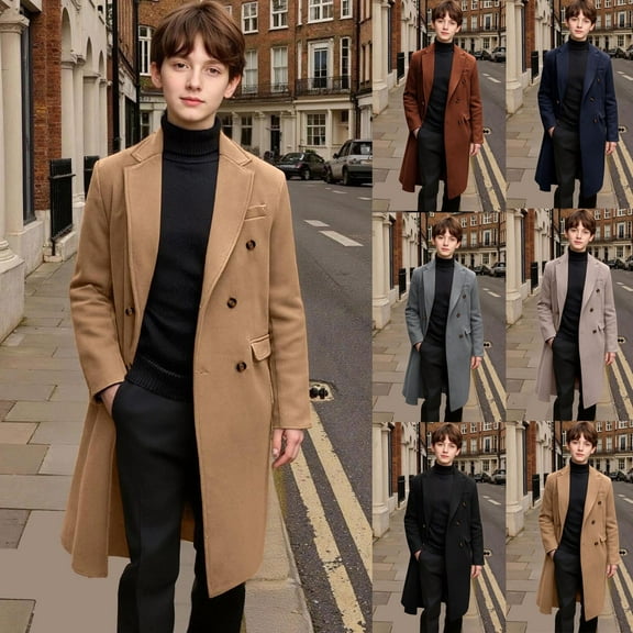 Boys Wool Blend Long Jacket Notched Lapel Collar Double Breasted Trench Coat Fall Lightweight Peacoat with Pockets