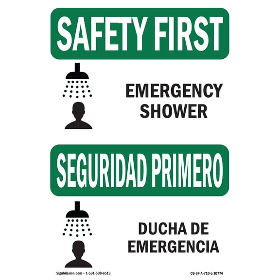 OSHA SAFETY FIRST Sign - Emergency Shower Bilingual | Aluminum Sign | Protect Your Business, Construction Site, Warehouse & Shop Area | Made in the USA