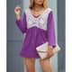 thumbnail image 3 of Top informal para mujer, manga larga, cuello en V, costura de encaje, diseño plisado, Top delicado y lindo para mujer, Top de otoño púrpura M, 3 of 6