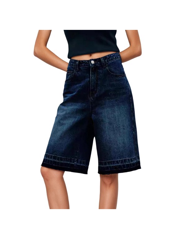 QHFBli Women Jorts Baggy Jeans Jorts Outfits Mid-Low Waisted Denim Y2K Shorts Summer Hot Short Pants Streetwear Dark Blue L