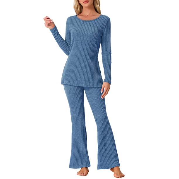 Conjunto de lounge de punto acanalado para mujer INSPIRE CHIC, con top de mangas largas y pantalones, conjunto de pijama de dos piezas, L azul