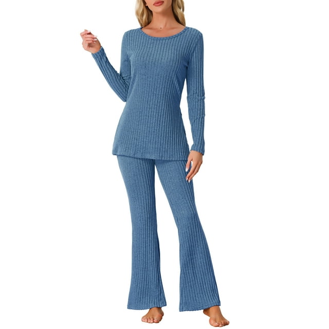 Conjunto de lounge de punto acanalado para mujer INSPIRE CHIC, con top de mangas largas y pantalones, conjunto de pijama de dos piezas, M azul