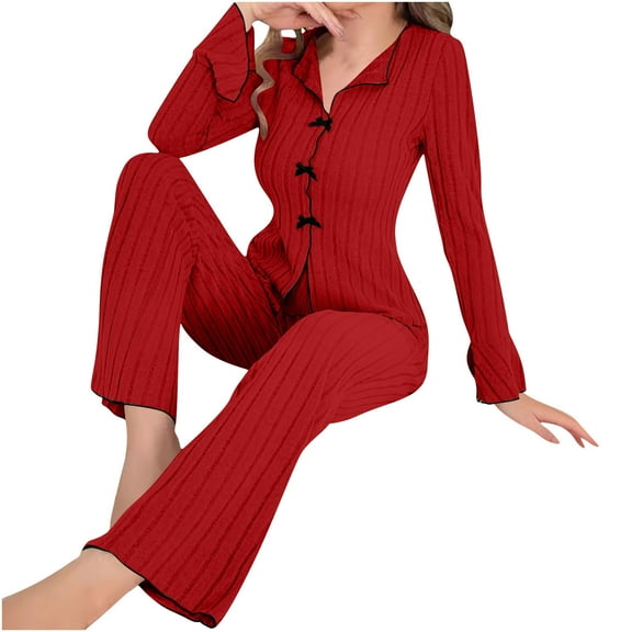 Enjoytime Lounge Sets for Women Solid Color Turndown Collar Bow Button Down Shirts with Pants Fashion Long Sleeve Sleepwear Comfy Cozy Plus Size Pajamas