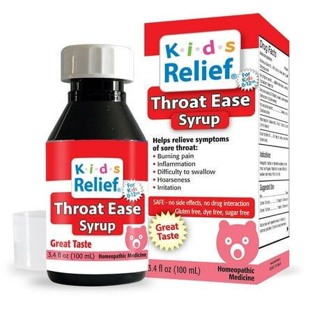 Kids Relief Throat Ease Syrup for Kids 0-12 Years, Gluten and Dye Free, No Added Sugar, 3.4oz