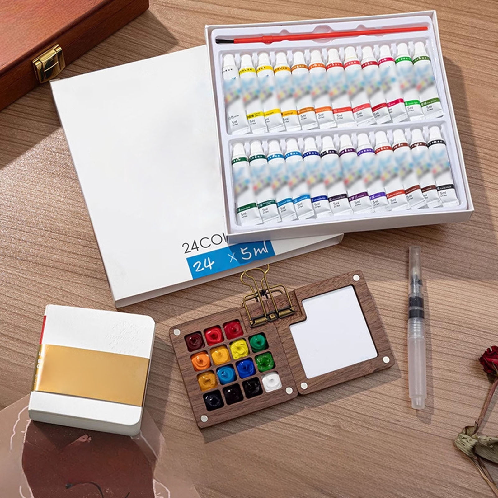 HAHUT Mini Watercolor Paint Set, Portable Artist Palette Sets with 24 Colors, Binder Clip, Sketchbook, Water Brush Pen & Wooden Paint Box for Artists Students Painters