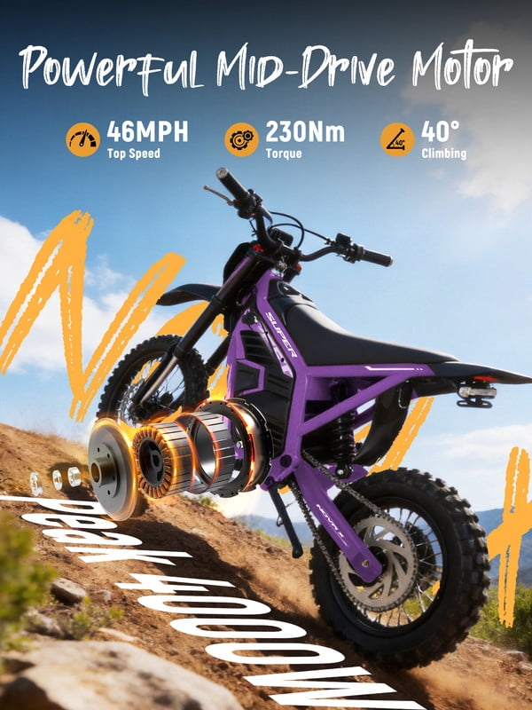 ESKUTE NOVAX Electric Dirt Bike for Adults/Teens, 4000W 46MPH Fast Electric Motorcycle, 48V 22.8Ah Long Range Battery, Full Suspension, Hydraulic Brakes, Purple with Lock, UL2849